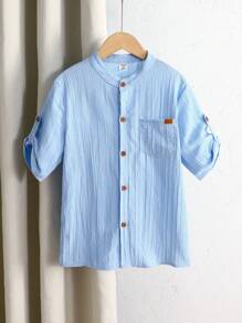 Tween Boys White Short Sleeve Stand Collar Textured Wavy Striped Shirt, Khaki Faux Wood Buttons, Chest Pocket, Minimalist Decor, Comfortable Casual Shirt Suitable For School, Travel, Home, Vacation, Relaxed Fit, Suitable For Spring, Summer, Autumn - Baby Blue - View 7