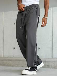 Manfinity Hypemode 男士休闲拼色抽绳腰宽松裤，侧条纹，拉链口袋设计，纯色长款宽松运动裤，送给丈夫、男朋友的理想礼物