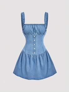 SHEIN MOD Damen Einfarbiges Bustier Raffung Quadratischer Ausschnitt Ärmellos Jeans Kleid - Blau - Übersicht 1