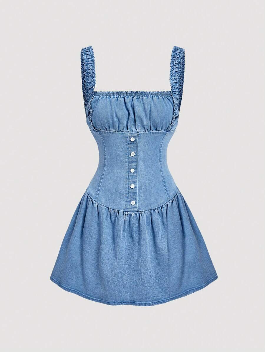 SHEIN MOD Damen Einfarbiges Bustier Raffung Quadratischer Ausschnitt Ärmellos Jeans Kleid - Blau - Übersicht 1