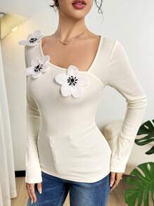 Modelyn Women's Asymmetrical Collar Long Sleeve Elegant T-Shirt With 3D Floral Decor, Spring Autumn Graphic Tees Women Tops For Spring Fall Cloth For Women - Apricot - View 7
