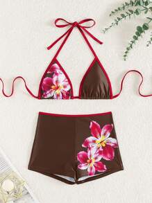 Swim SXY 2 件套夏季新款花卉印花三角吊带低腰泳裤性感优雅比基尼泳装套装，适合海滩、泳池、派对 - 彩色 - 查看 3