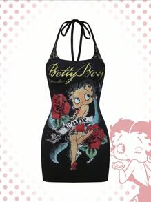Betty Boop | ROMWE Váy bó sát hở lưng buộc trước in họa tiết hoa hồng và chữ, thời trang đường phố gợi cảm cỡ lớn dành cho nữ, mùa hè - màu đen - Xem 1