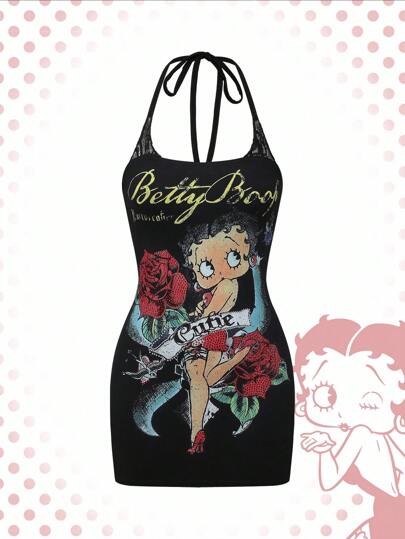 Betty Boop | ROMWE Vestido mini ajustado con cuello halter, contraste de encaje y figura de dibujos animados con cristales, estilo retro Y2K sexy