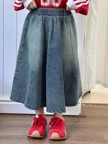 Dazy Kids 女童休闲时尚长款牛仔裙 - 中等水洗藍 - 查看 5