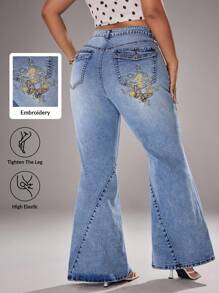 Jeanoix 大码蝴蝶刺绣口袋弹力喇叭牛仔裤 - 藍色 - 查看 1