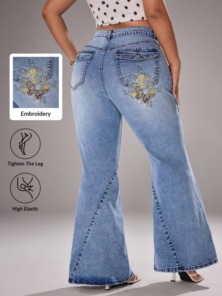 Jeanoix Quần jeans ống loe thêu bướm cỡ lớn - Màu xanh lam - Xem 1