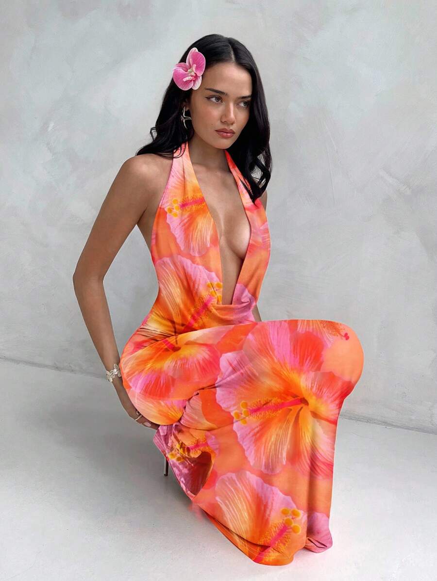 Aloruh 女式休闲全印花垂坠领长裙 - 彩色 - 查看 1