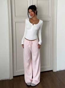 CovetEZ Fall Women Clothes Low Rise Women's Casual Versatile Pink Wide Leg Knit Pants Pink Pants Wide Leg Pants,Fall Clothes For Women