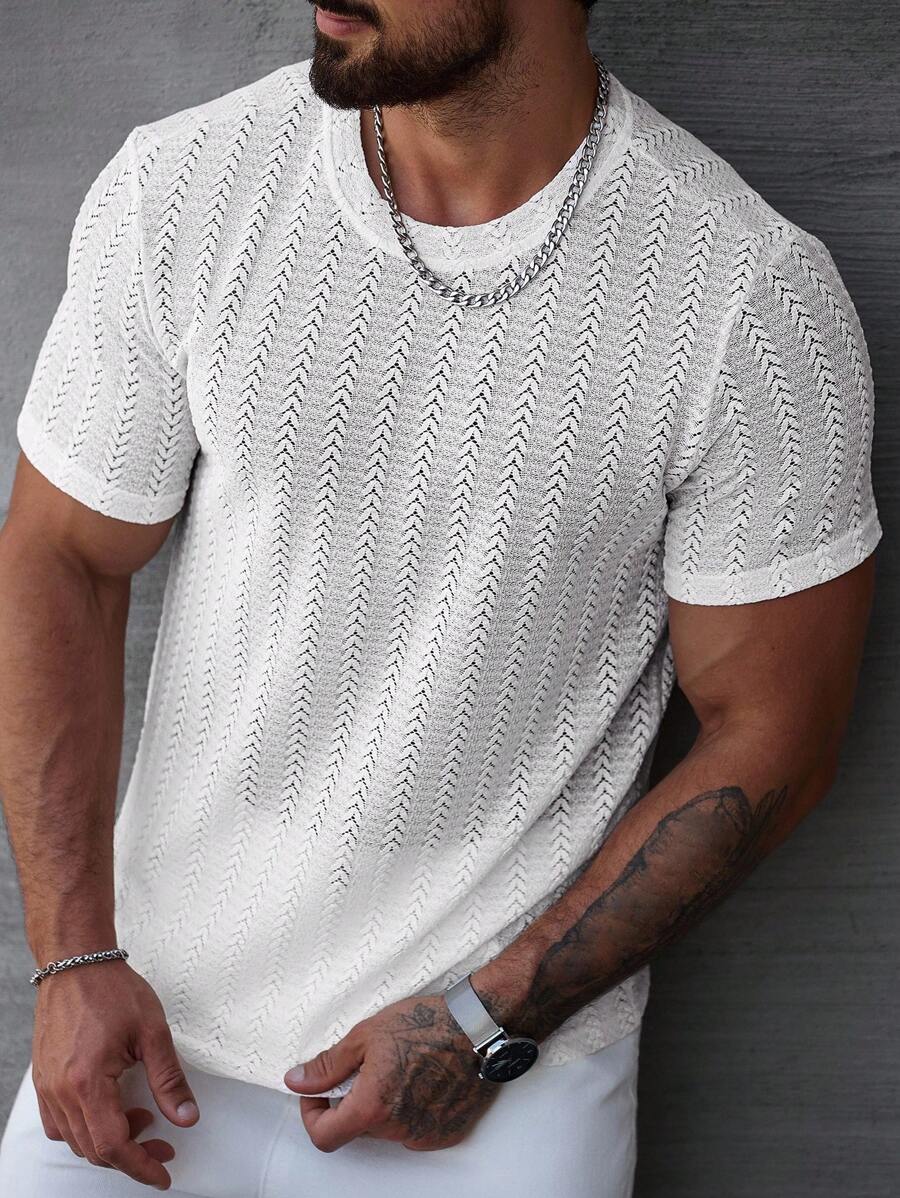 Manfinity Homme Men's Solid Color Crew Neck Short Sleeve T-Shirt, Minimalist & Fashionable, Suitable For Summer, Men Mesh Top Men T Shirts Casual Tops Mesh Men - White - View 1