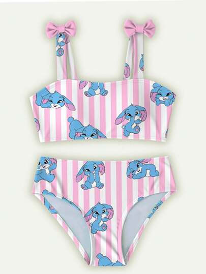 Tween Girls Striped Cartoon Print Bow Decor Swimsuit Set School Clothes Back To School Clothes Puppy Keep Puppy Graphic Tees Summer Holiday