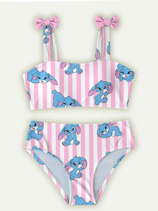 Tween Mädchen Badeanzug-Set mit gestreiftem Cartoon Muster und Schleife