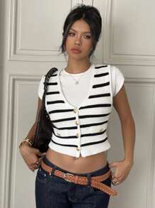 SHEIN EZwear Maglia smanicata casual estiva da donna a righe bianche e nere in maglia