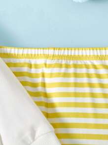 LE PETIT PRINCE X SHEIN Baby Boy Cartoon Star Print White Casual Cute Long Sleeve Crew Neck Sweatshirt And Yellow Striped Playful Pants Set - Multicolor - View 8