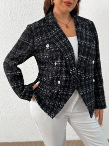EMERY ROSE Blazer elegante de tweed con botones de metal para mujer talla grande, chaqueta de oficina elegante para otoño/invierno - Negro - Ver 3