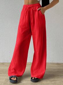 SHEIN EZwear 红色夏季纯色纹理褶皱面料宽松抽绳腰带纯棉休闲度假阔腿裤，大码，假日 - 紅色 - 查看 4