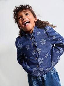 Maija Kids Maija Kids Young Girl Fashion Puff Sleeve Frill Trim Long Sleeve Casual Denim Shirt - Multicolor - View 4