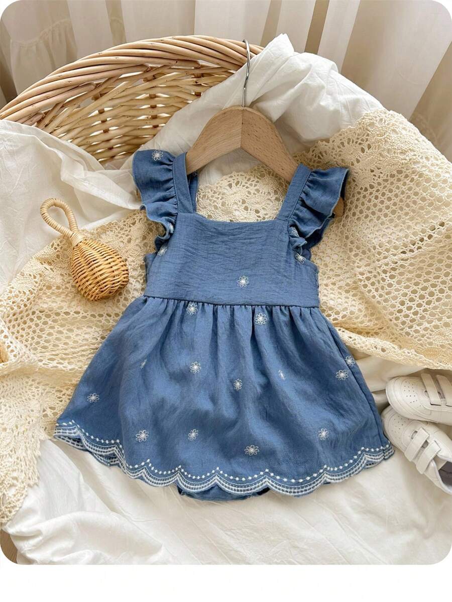 Babygirl Cute Vacation Blue Floral Pattern Cap Sleeve Romper