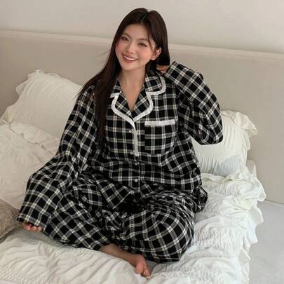 플러스 대비 레이스 턴다운 칼라 격자 무늬 긴팔 탑과 루즈 팬츠 잠옷 세트, 가을 옷