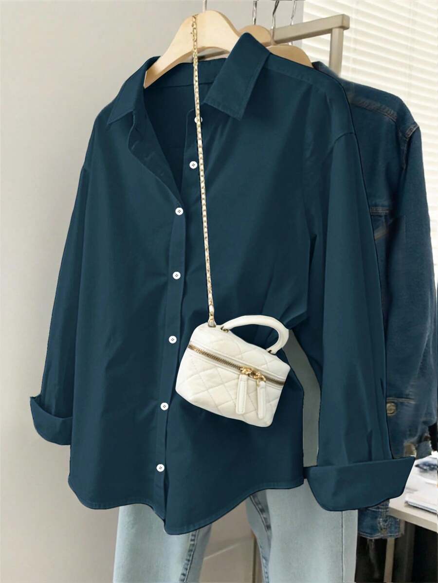 INAWLY 女士纯色单排扣休闲/办公室宽松长袖衬衫