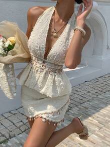 Serisse 2 件黄色提花露背短款上衣和低腰褶皱迷你裙套装，贝壳刺绣饰边海滩度假装 - 杏色 - 查看 3