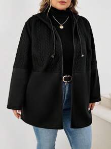 SHEIN CURVE+ Plus Size Women's Black Casual Hooded Long Sleeve Jacket, Autumn Outerwearfall Clothes For Women,Winter,CURVE PLUS/Autumn /Winter - Black - View 3