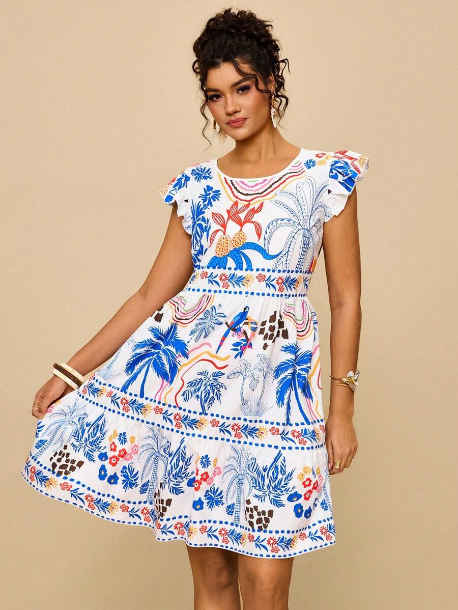 SHEIN VCAY 大码女式花卉印花宽松短款连衣裙，圆领荷叶边袖连衣裙，白色连衣裙 - 白色 - 查看 1