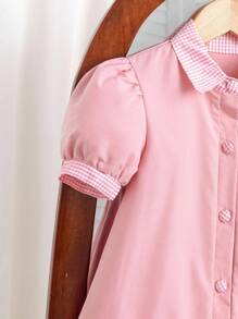 Robe d'été décontractée pour jeune fille avec patchwork à carreaux et manches bouffantes - Rose bonbon - Voir 4