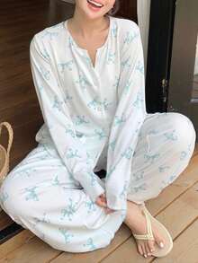 Dazy Plus Bowknot Floral Print Loose Long Sleeve Top & Pants Pajama Set, Casual Sleepwear For Women Plus Size, Fall Clothes - White - View 1