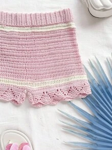 Soleia Pantalones cortos casuales de mujer beige con flores 3D tejidas, adecuados para vacaciones y días festivos de verano