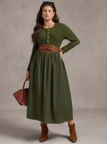 Zelara Đầm dài tay thường ngày dệt chắp vá cỡ lớn cho nữ có nút cài nửa thân - xanh quân đội - Xem 5