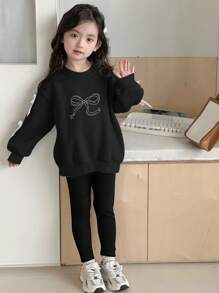 DAZY 2件套女童圆领针织蝴蝶结印花套装 - 黑色 - 查看 4