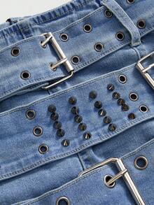 ROMWE Grunge Punk Y2K Vintage Punk Rock Metal Rivet Grommet Waist Belt Decor Plus Size Women Denim Mini Skirt - Blue - View 3