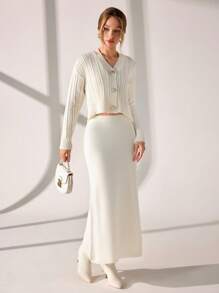 CLARA VERO Chunky Textured Knit V-Neck Button-Up Cardigan With Ribbed Hem And Cuffs In Cream White,Cardigans For Women,Long Cardigans Woman,Petite Cardigans,Cardigans - Apricot - View 3