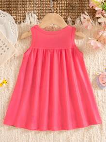 SHEIN 女宝宝可爱蜜蜂动物元素无袖连衣裙，春夏时尚新款 - 玫紅色 - 查看 2