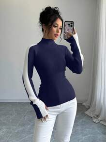 SHEIN Raffinéa Color Block Stand Collar Minimalist Knit Sweater Knit Pullover Fall Winter - Navy Blue - View 3