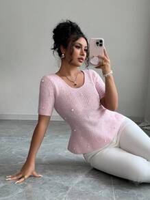 Elenzga Nouveau arrivage Top tricoté à manches courtes avec design mode à clous polyvalent pour femmes, style fille douce pour rendez-vous, automne hiver - Rose bonbon - Voir 6