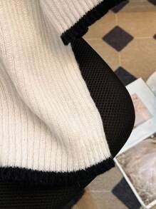 Franclia Damen klassischer französischer minimalistischer Strick-Oberteil, Schwarz-Weiß-Kontrast-Pullover, Strick-Pullover für Herbst/Winter, Arbeitsbluse für Damen - Weiss - Übersicht 5