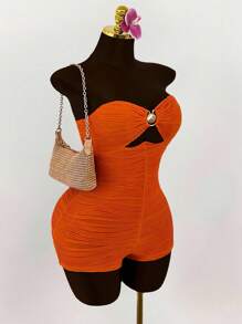 Amplova Plus Size Shell Metal Decor Breast Ruched Bodysuit Romper - Orange - View 7