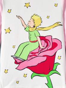 LE PETIT PRINCE X SHEIN Ensemble pyjama avec t-shirt à manches longues décontracté et polyvalent avec motif graphique de personnage de dessin animé de jeune fille et motif rose, et pantalon imprimé d'étoiles
