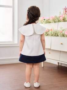 SHEIN Babygirl Elegant & Cute Color Block Bowknot Collar Loose Dress - White - View 2