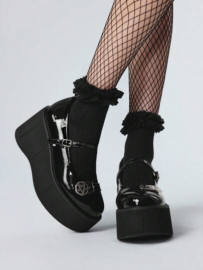 Goth Zapatos de plataforma tipo Mary Jane para mujer, con hebilla decorativa de estrella redonda en estilo gótico punk, adecuados para uso casual y actuaciones en el escenario, con tacón de cuña