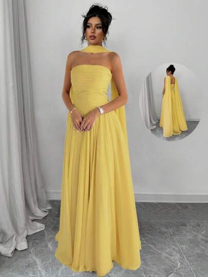 Elenzga 1 pieza Vestido largo elegante sin mangas de mujer de unicolor con detalle plisado