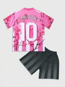 ROMWE MEN Prep Men's V-Neck Jersey Floral Print Short Sleeve T-Shirt And Shorts Casual Set - Multicolor - View 2