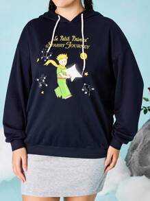 LE PETIT PRINCE X SHEIN 大码卡通人物图案抽绳连帽运动衫 - 藏蓝色 - 查看 4