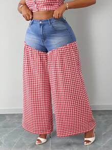 Slaydiva Quần jean ống rộng kẻ caro vá lỗi cho nữ cỡ lớn - Nhiều màu - Xem 4
