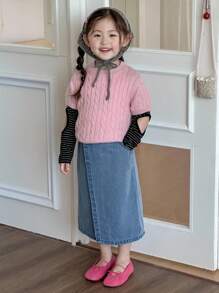 Dazy Kids 年轻女孩休闲宽松牛仔腰纽扣中长裙 - 中等水洗藍 - 查看 2