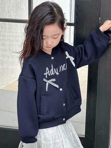 DAZY Young Girl Letter Print Bow Decor Jacket Fall,Winter - Navy Blue - View 7