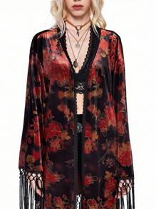 ROMWE Women Casual Vintage Floral Pattern Tassel Decor Hippie Cover Up, Long Sleeve