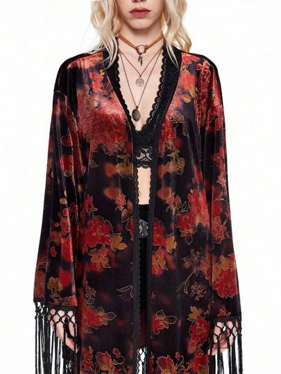 Hippie cache-maillot style hippie pour femme, à manches longues, motif floral vintage décontracté avec ornements à franges